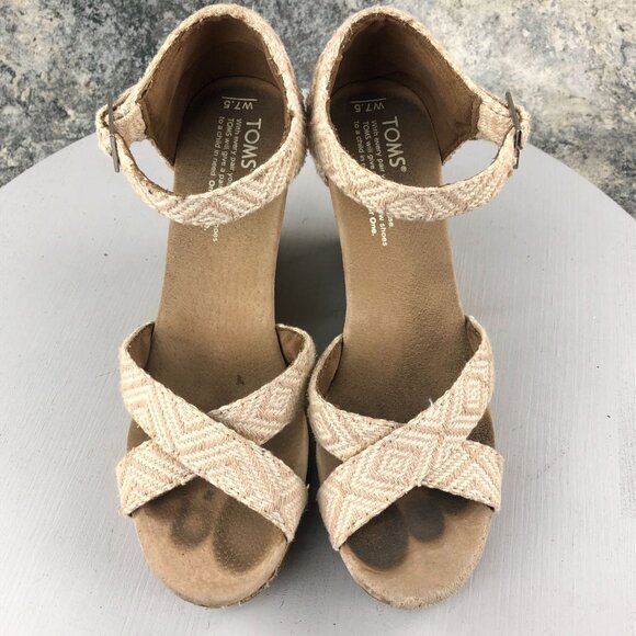 TOMS Womens 7.5 Sienna Tan Woven Diamond Pattern Cork High Heel Wedge Sandals - Picture 7 of 13